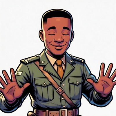 African-American man in military uniform raising hands