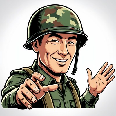 Cartoon Soldier Saluting in Camouflage Helmet