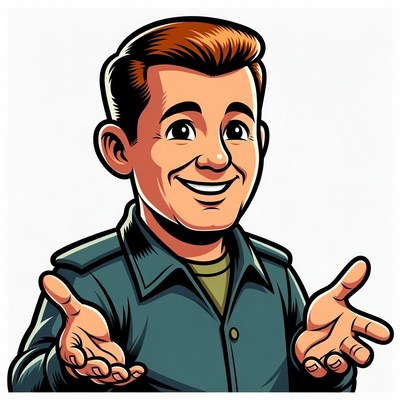 Cartoon man smiling with open hands
