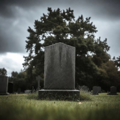 Gravestone in foggy cemetery