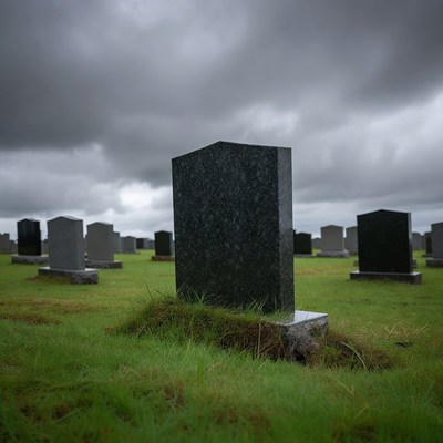 Black gravestone in grassy cemetery