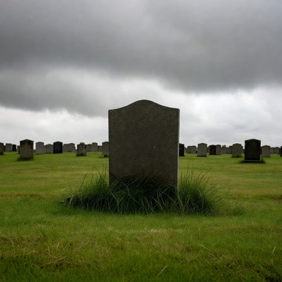 Gravestone in grassy cemetery under cloudy sky