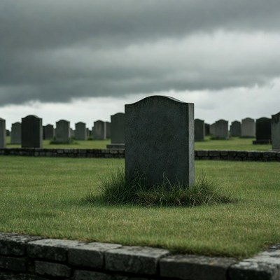 Gravestone in foggy cemetery