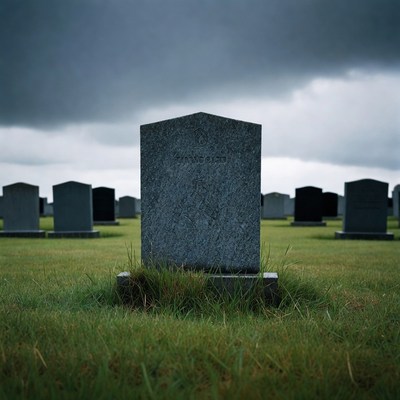 Gravestone in foggy cemetery