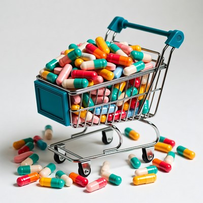 Shopping Cart Filled with Colorful Pills