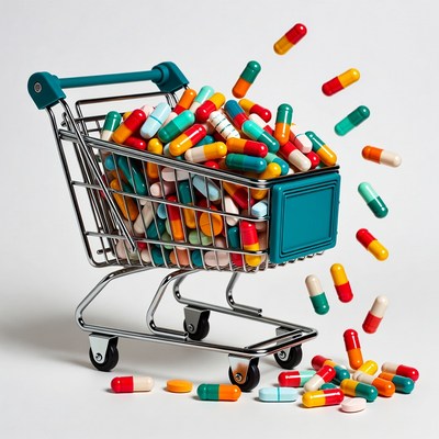 Shopping Cart Overflowing with Colorful Pills