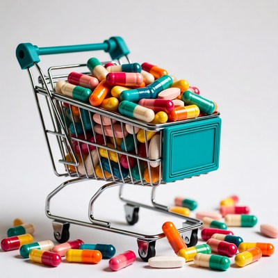 Shopping Cart Full of Colorful Pills