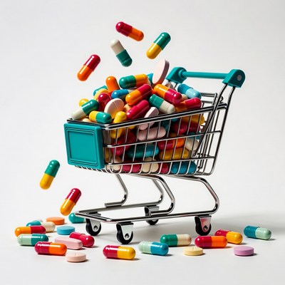 Shopping Cart Overflowing with Colorful Pills