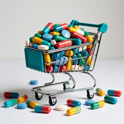 Shopping Cart Filled with Colorful Pills