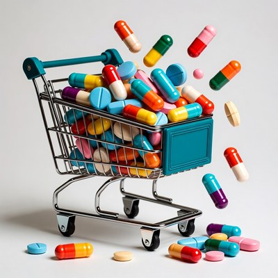 Shopping Cart Overflowing with Colorful Pills