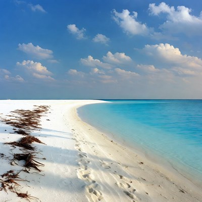 Sandy beach with footprints and turquoise ocean