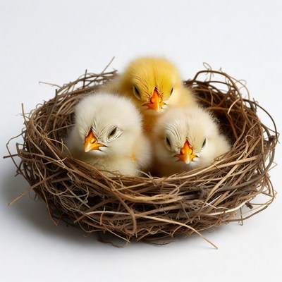 Three fluffy chicks in nest