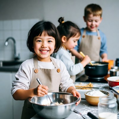 Asian children baking in kitchen