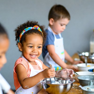 African-American girl mixing batter with boys