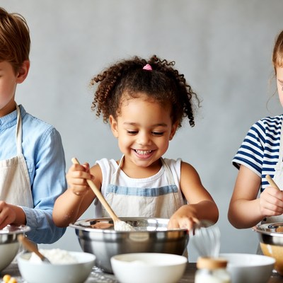 Three kids baking with bowls and spoons