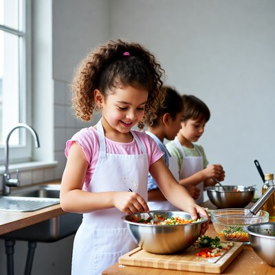 Girl mixing vegetables in kitchen with kids