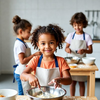 Three African-American girls baking in kitchen