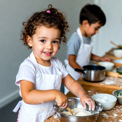 Toddler girl and boy baking together
