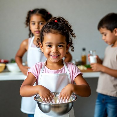 Happy girl mixing batter with siblings