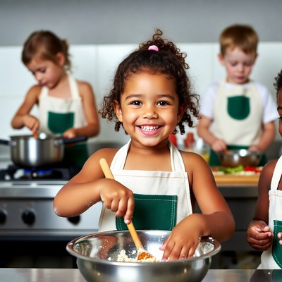 Happy Black girl mixing batter with kids