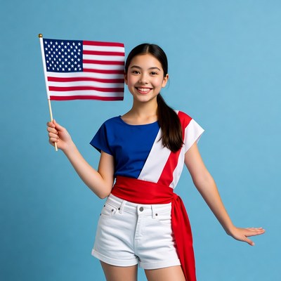 Asian girl holding American flag
