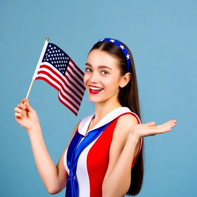 Young woman holding American flag
