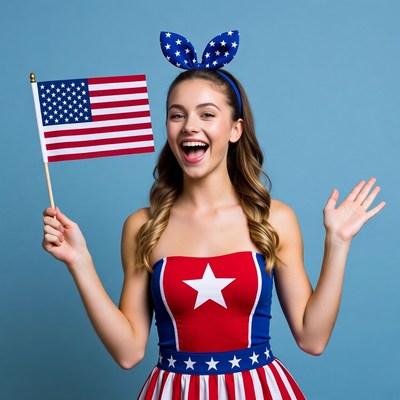 Girl holding American flag with bunny ears