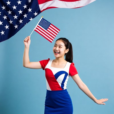 Asian girl waving American flag
