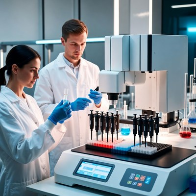 Scientists using pipette robot in lab