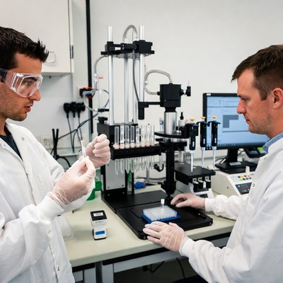 Two male scientists using lab equipment
