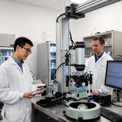 Asian man and white man using lab equipment