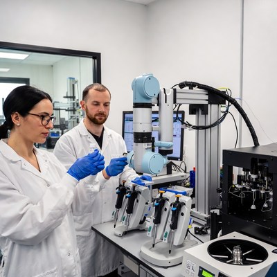 Scientists Operating Robotic Lab Equipment
