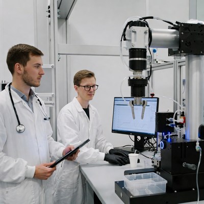 Two male scientists examining robotic arm