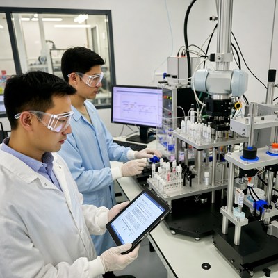 Asian scientists operating lab robot