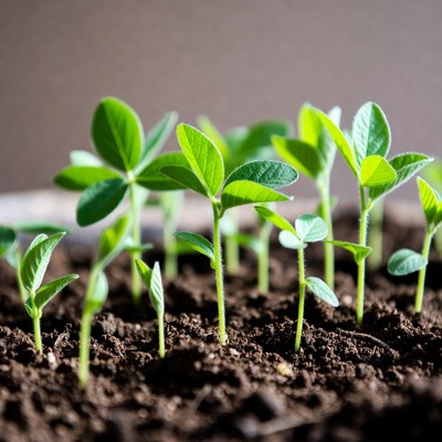 Young Soybean Seedlings in Soil
