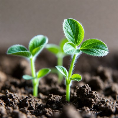 Young Bean Seedlings in Soil