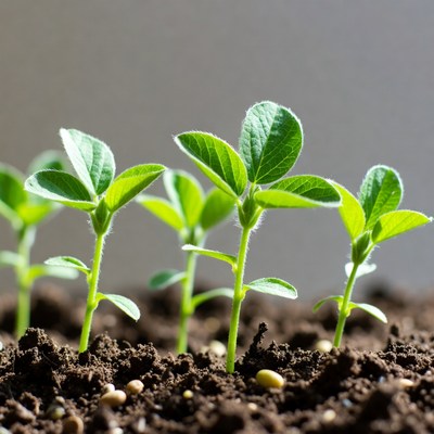 Young Soybean Plants in Soil