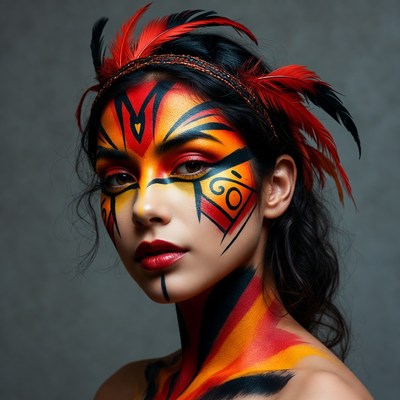 Woman with tribal face paint and feathers