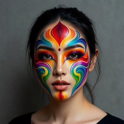 Asian woman with rainbow face paint