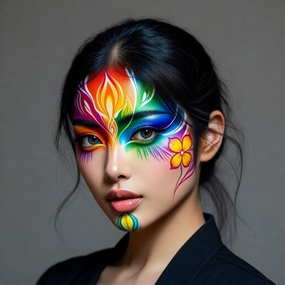 Asian woman with rainbow face paint