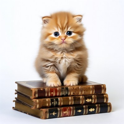 Kitten sitting on stack of books