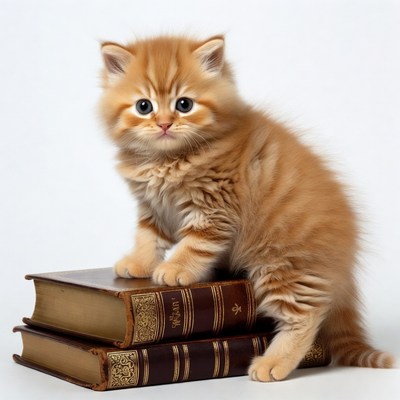 Kitten sitting on stacked books