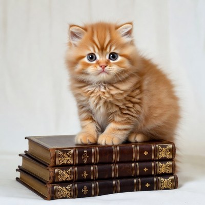 Kitten sitting on stack of books