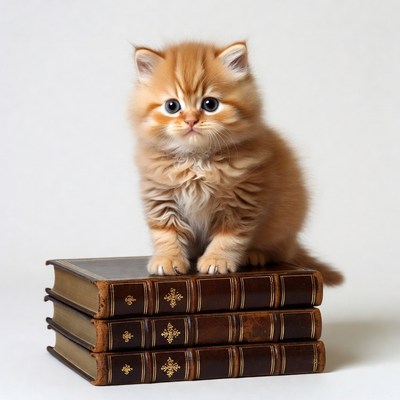 Orange kitten on stack of books