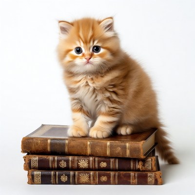 Kitten sitting on stack of books