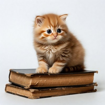 Cute orange kitten on stacked books