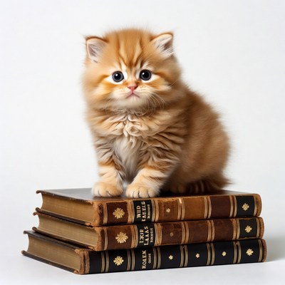 Kitten sitting on stack of books