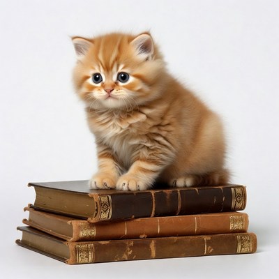 Kitten sitting on stack of books
