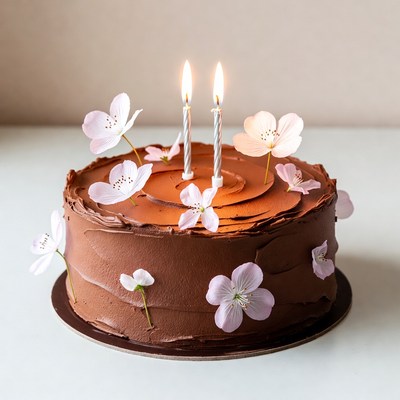 Chocolate Birthday Cake with Candles and Flowers
