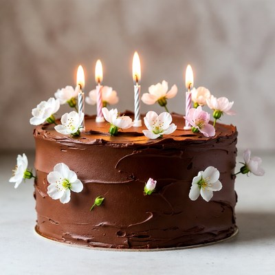 Chocolate Birthday Cake with White Flowers